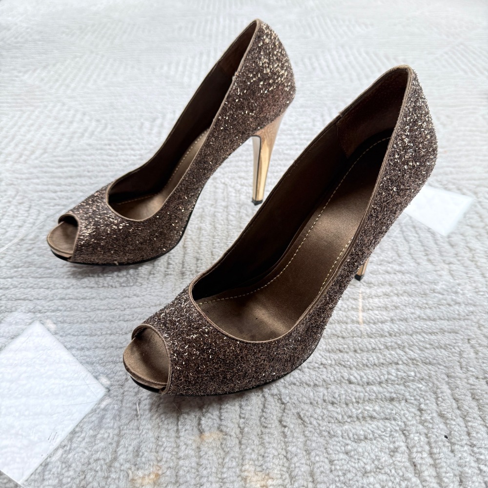Nine West Escher Peep Toe Pump Women 8.5M Bronze Glitter Gold Stiletto Heel Glam